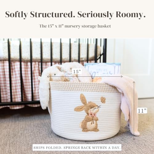 Bunny Baby Storage Basket, Woven Cotton Rope Nursery Bin, 15x11 in | Stuffed Animal and Blanket Storage, Embroidered Bunny Patch, Neutral Nursery Decor, Baby Shower, Playroom Organizer