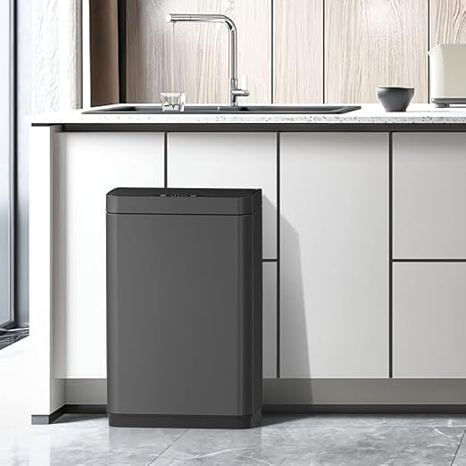 Mbillion 15 Gallon Touchless Motion Sensor Trash Can | Rectangular grey smart garbage can with lid, automatic touchless design for kitchen, bedroom, home & office use