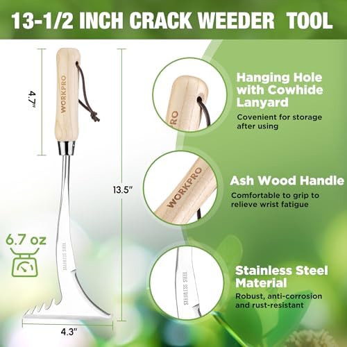 WORKPRO Crack Weeder, 13.5" Stainless Steel Weeding Tool, Wooden Handle | L-Shaped Sidewalk Weed Puller Spatula, for Garden Lawn Yard Patio Terrace Paving Garden Tool
