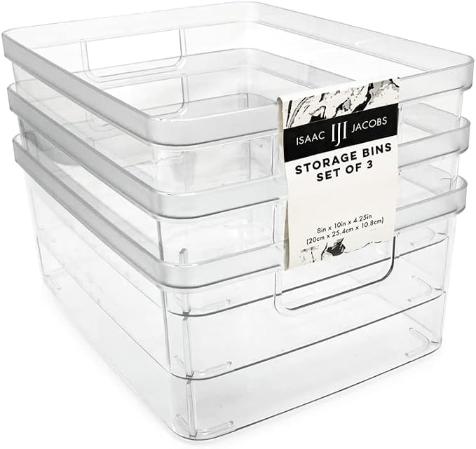 Isaac Jacobs 3-Pack Medium Clear Storage Bins (8” L x 10” W x 4.25” H) | Cutout Handles, Plastic Organizer for Home, Office, Kitchen, Fridge/Freezer, Bathroom, BPA Free, Food Safe (3-Pack, Medium)