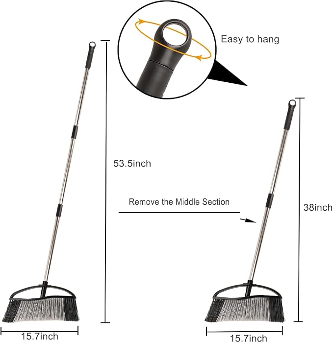 Outdoor Broom 15.7" Wide, Stiff Bristles & Long Handle for Yard | Adjustable 38-53.5" Handle, Wide Sweeping Broom Head, No-Bend Sweeping (Black)