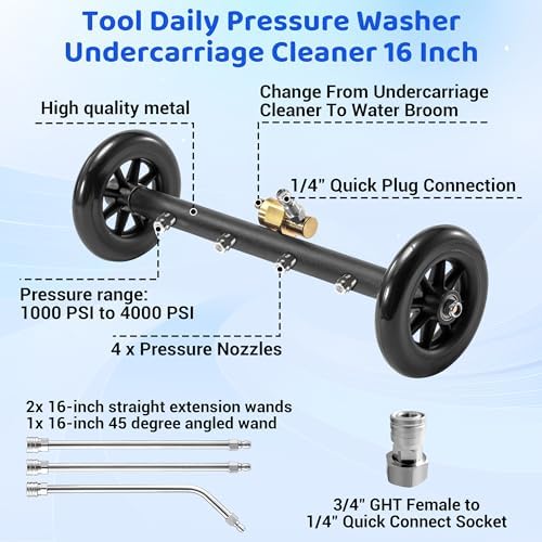 Tool Daily Undercarriage Cleaner for Power Washer and Garden Hose, 16 Inch | Dual-Function Undercarriage Pressure Washer Attachment, Water Broom with 3 Pieces Extension Wand, 4000 PSI