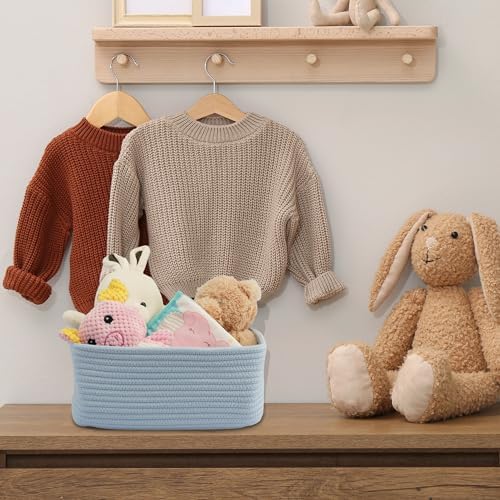 XUANGUO Small Woven Storage Baskets for Shelves, 13" x 9" x 5", Blue | Decorative rope storage bins for closets and toy storage; cute organizer baskets, empty gift baskets and nursery storage.