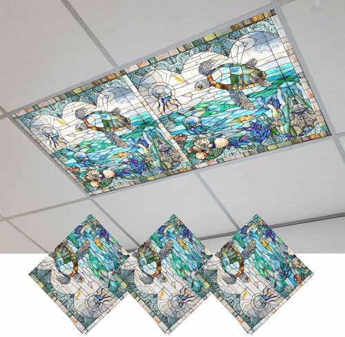 Vintage Window Grille Fluorescent Light Covers Turtle Coral Underwater World Magnetic Light Filters Ceiling Lighting Panel Shade for Classroom Office Home 2 x 4 ft, 3 Pack