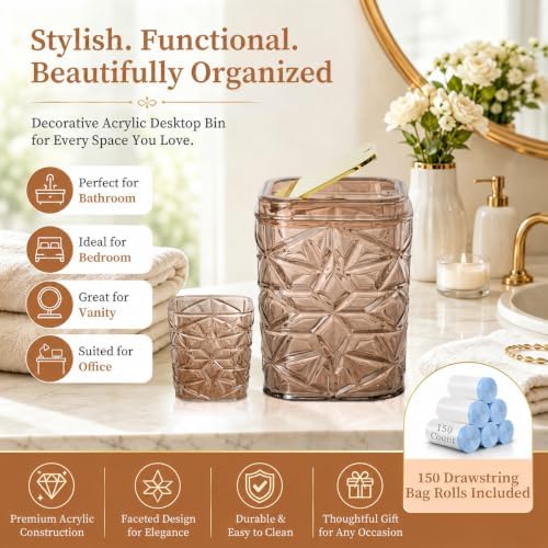 2-Piece Snowflake-Textured Acrylic Trash Can Set with 150 Drawstring Bags, 4 Gallon Gold Press-Lid Wastebasket and Small Open-Top Desktop Bin for Bathroom, Bedroom, Office, Brown