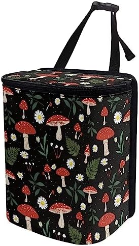 Car Trash Can with Lid and Zipper Boho Cottagecore Mushroom Ferns Print Leakproof Garbage Bag Hanging Back of Seat Auto Interior Accessories Portable Trash Bin Organizer and Storage Bag