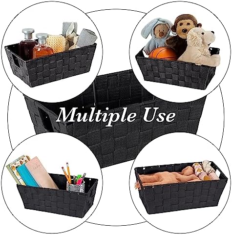 Simplify Small Shelf Woven Strap Tote | Decorative Storage Basket | Built in Handles | Organization | Closet | Bedroom | Bathroom | Nursery | Accessories | Toys | Gifts | 2 Pack | Black