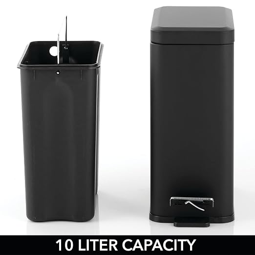 mDesign Pedal Bin — Waste Bin with Pedal, Lid and Plastic Bucket Insert for Bathroom, Kitchen, and Office — Metal Household Rubbish Bin with Ergonomic Design — Black