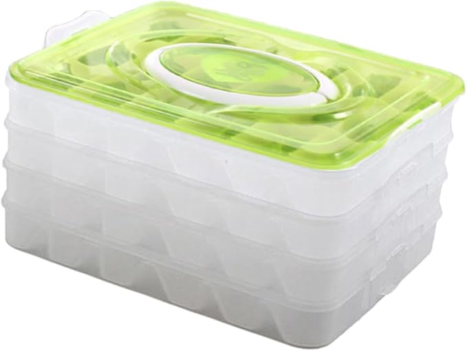 Portable Dumpling Storage Box Four Layers 18 Slots PP Organizer | Stackable Trays with Two Buckles Each, Handle for Carrying, Green Simple Design for Camping and Housekeeping
