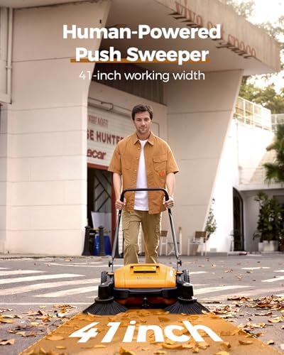 Walk-Behind Manual Industrial Floor Sweeper, 41" Sweeping Width | Non-Electric Hand Push Sweeper, 14.5-Gallon Waste Container, Versatile, Low Noise, 45000 SqFt/Hr, for Factory Warehouse