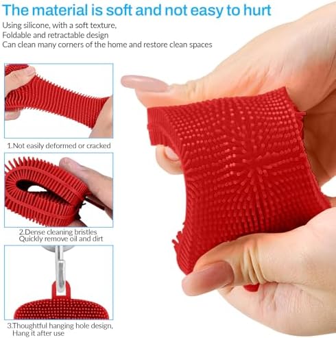 5 Pack Silicone Dish Sponges for Kitchen, Double Sided Silicone Dish Scrubber, Multipurpose Kitchen Scrubber Sponge, Vegetable Brush (Red)