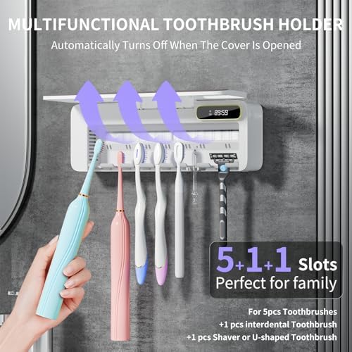 UV Toothbrush Sanitizer Holder for Bathrooms, 5+1+1 Slots Toothbrush Sanitizer and Holder, Rechargeable Cordless Wall Mounted Tooth Brush Holder with Heating Functions, No Drilling (White)