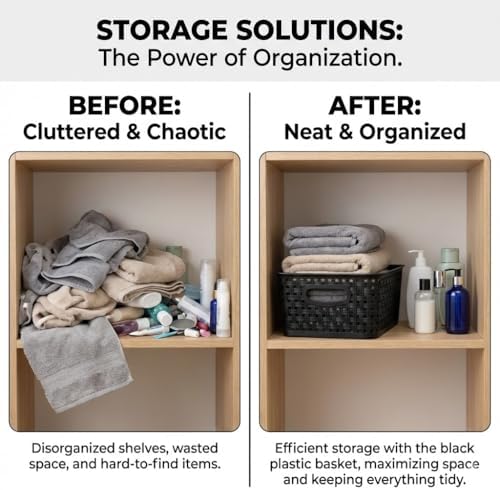 8 Pack Black Storage Baskets, Plastic Woven Organizer Baskets, Stackable Shelf Baskets for Closet, Pantry, Bathroom & Laundry Room