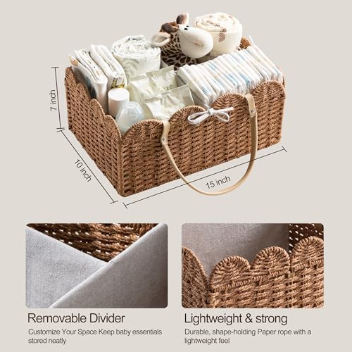 HBlife Large Baby Diaper Caddy, Paper Rope Storage Baskets Nursery Bin with Removable Divider, Portable Car Organizer for Diapers, Baby Shower Gifts, Newborn Essentials Must Haves