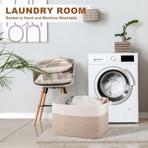 OIASKET Blanket Basket for Living Room, Cotton Rope Basket for Storage, Toy Baskets Bin for kids, Woven Baskets with Handles for Clothes, Towels, Pillows, 20" x 16" x 12", Brown and White