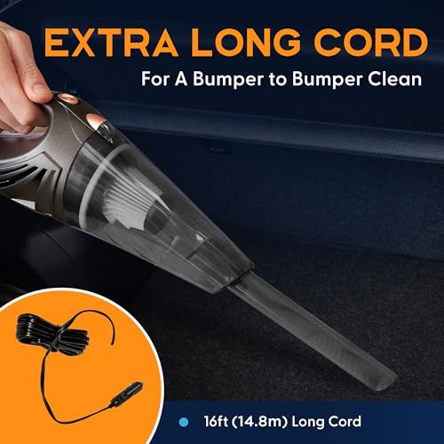 ThisWorx Handheld Car Vacuum, Portable Car Vacuum Cleaner with 16Ft Cord | 12V High Power, Lightweight Design for Car Interior, RV, Boats & Travel, Includes 3 Attachments & Storage Bag
