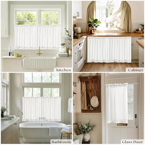Off White Semi Sheer Linen RV Campers Curtains 45 Inch Long 2 Panels | Ivory, Rustic, Short Curtains for Cafe Small Window Treatment, Light Filter, W25xL45 Inch, Rod Pocket Drapes