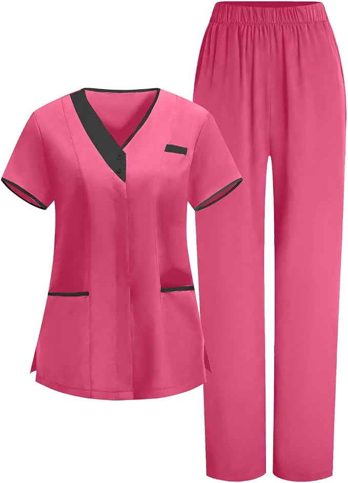2026 Scrub for Cleaning Jobs Uniform, Multi Pockets Scrubs for Women Sets, V-Neck Top & Straight Leg Pants Scrubs Set