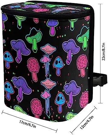 Rainbow Trippy Mushroom Print Car Trash Can with Lid and Zipper Portable Foldable Garbage Can Bag Hanging for Headrest Leakproof Organizer and Storage Bag Retro Car Interior Accessories