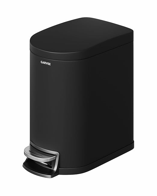 Garvee 1.6 gal / 6L Metal Bathroom Trash Can with Lid, Slim Waterproof Garbage Can for Bedroom, Small Step-on Trash Bin with Inner Bucket, Rear Handle, Soft Close Lid, Black