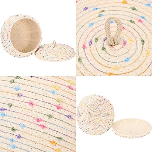 Sea Team Round Woven Cotton Rope Storage Basket with Lid, Rainbow | Decorative Colorful Pompom Knitted Storage Bin, Pot, Caddy, Organizer, Container for Snacks, Towels, Plants, 13 x 5.5 Inches