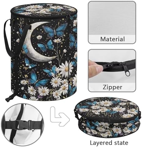 doginthehole Daisy Butterfly Moon Portable Trash Can Large Foldable Big Camping Can with Lid Storage Bag Pop Up Trash Cans for Parties, 22.83x17.71 in