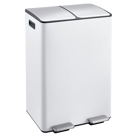 Garvee 16 Gal Dual Compartments Kitchen Trash Can, Stainless Steel, White | 2 x 30L Double Trash and Recycle Bin Combo, Removable Inner Bucket, Soft Close Lids, Metal Step Pedals, for Home Office