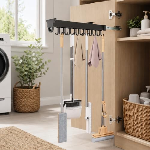 Sliding Broom Storage Rack, Shelf Broom Pull Out with 20 Removable Hooks | 66 lbs Broom Organizer stand for Home Laundry Wardrobe Kitchen Garage Cupboard