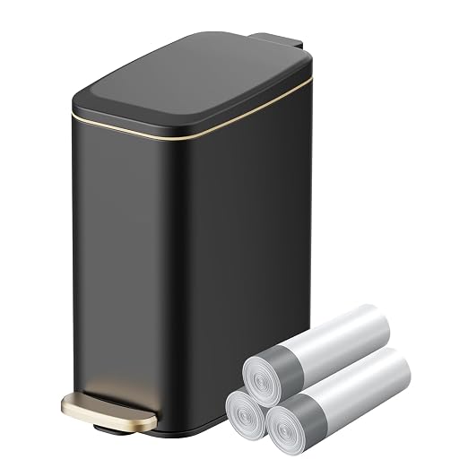 KUK Slim Bathroom Trash Can with Lid, 1.6 Gal / 6L Stainless Steel Small Garbage Bin with Detachable Inner Bucket, Step Pedal, Silent Close, Wastebasket for Toilet, Bedroom, Home, Office (Black)