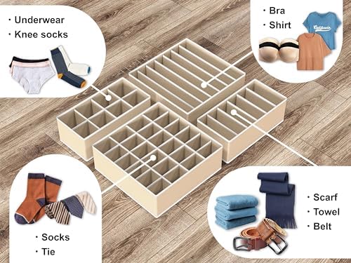 Simple Houseware 4-Pack Drawer Organizer Set for Underwear/Socks/Bra, Beige | Closet Dividers for Underwear, Socks, Bras, Scarves, Ties - Foldable Non-Woven Storage Boxes