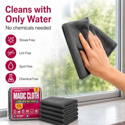5 Pack Thickened Genie Magic Cleaning Cloth, XXL Microfiber Magic Cloth for Stainless Steel, Glass, Mirrors, Windows, Kitchen, Bathroom, Car & Screens, Reusable Lint Free Streak Free Cleaning Towels