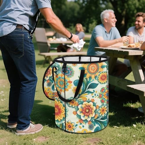 doginthehole Boho Blossoms Outdoor Trash Can with Lid Retro Floral Garbage Bins Outside Pop Up Recycle Garbage Cans Collapsible Trash Can for Camping Picnic Yard Beach, 22.83x17.71 in