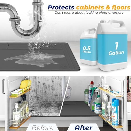 The Original Under Sink Mat - Adjustable Silicone mat, Waterproof Under The Sink Bathroom Vanity Mat - 28" x 19" or smaller