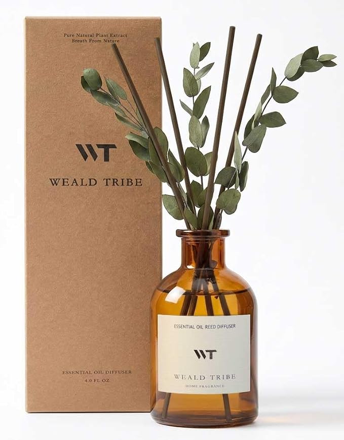 Eucalyptus & Mint Scent Reed Diffuser Set for Bathroom Room Decor | Air Fresheners Oil Diffuser Sticks With Flower | 4.0 fl oz Home Fragrance With Sticks Defusers For House Bedroom Office Shelf