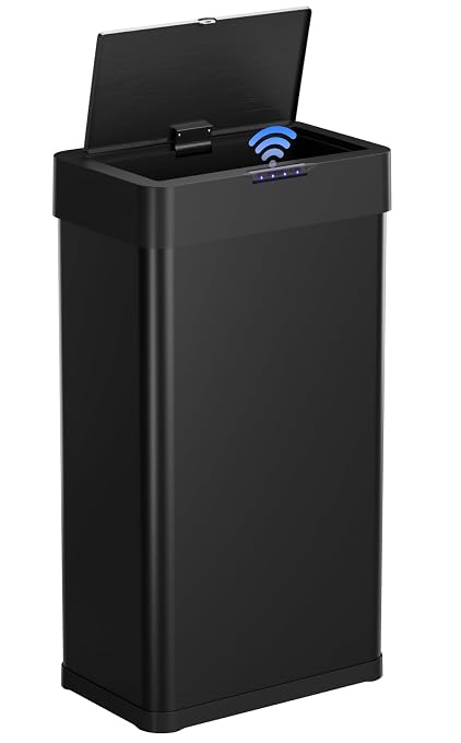 Arlopu Automatic Trash Can, Sensor Motion Stainless Steel Garbage Bin | Touchless Smart Waste Bin, W/Stay-Open, Soft Close Lid, Display Light for Kithchen, Living Room, Office (Black, 18.5gal)