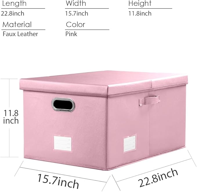 Collapsible Storage Box with Lid [3-Pack] Leather Fabric Foldable Storage Bin Organizer Container Basket Cube with Cover for Home Bedroom Closet Office Nursery Pink(22.8X15.7X11.8)
