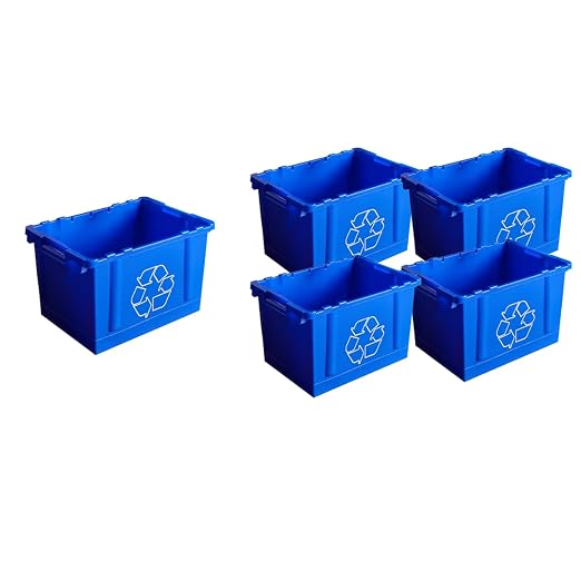5 Pack, 14 Gallon Rectangular Blue Recycling Bin for Indoor/Outdoor, Stackable Recycling Container with Handles for Plastic, Paper