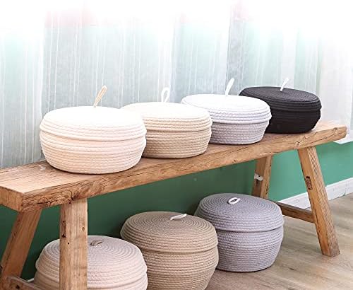 Sea Team Round Woven Cotton Rope Storage Basket with Lid, Gray | Lidded Knitted Decorative Storage Bin, Pot, Caddy, Organizer, Container for Snacks, Towels, Plants, 13 x 5.5 Inches