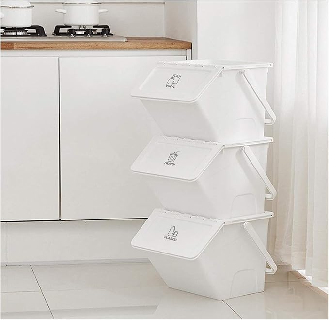 Daily Stackable Organizer Stores Recycling Bin Container with Lid, Handle, Recycle Sticker Trash Bin Label, Tools and Toys, Handy Recycler, 3 Pack of Bins White
