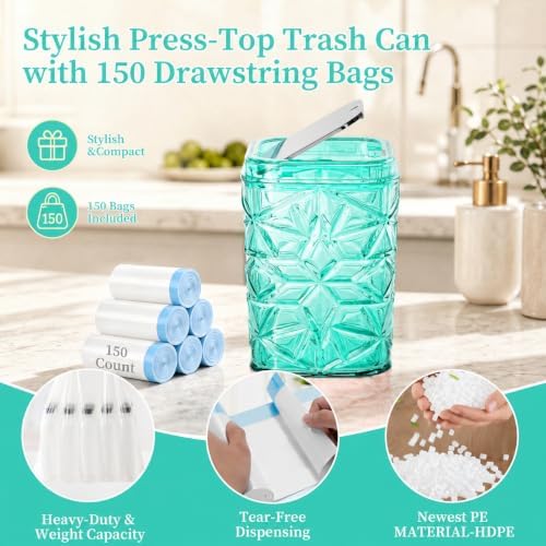 2-Piece Snowflake-Textured Acrylic Trash Can Set with 150 Drawstring Bags, 4 Gallon Sliver Press-Lid Wastebasket and Small Open-Top Desktop Bin for Bathroom, Bedroom,