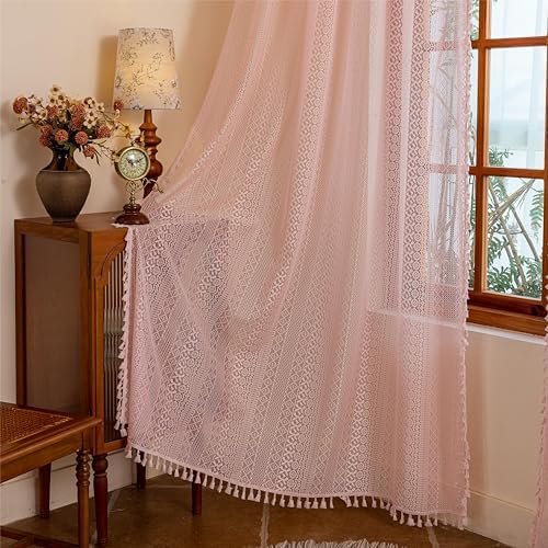 Sutuo Home Lace Sheer Boho Curtains for Bedroom Dining Room, Soft Plush Pink Bohemian Crochet Tassels Farmhouse Window Curtains Drapes Vintage Chic Decor, Rod Pocket 1 Panel 59" W x 96" L, Light Pink