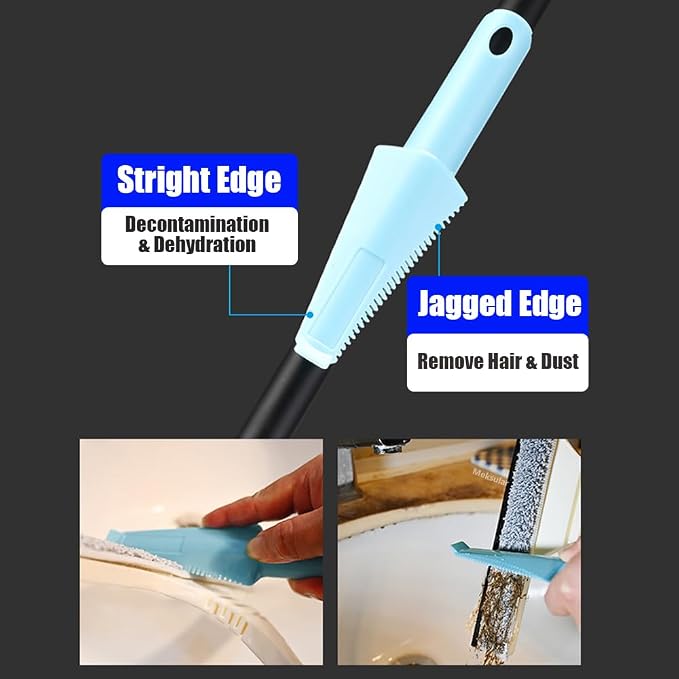61" Window Squeegee with Long Extension Pole, 2-in-1 Streak-Free Glass Washer & Scrubber Kit with 5 Reusable Microfiber Pads & Clips, Professional Window Cleaning Tool for Home Outdoor High Windows