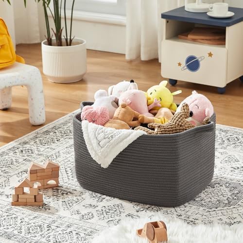 OIASKET Large Toy Basket, Rectangle Woven Rope Storage Basket for Blankets, Dirty Clothes, Shoes, Nursery Organizer Bins (Dark Grey)
