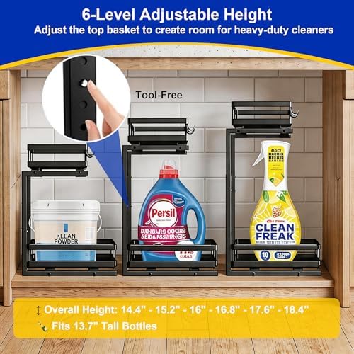 2-Tier Metal L-Shaped Pull-Out Under Sink Organizer, Black, 2 Pack | 2 complete sets; ball-bearing slides; 6-level height; no-drill setup