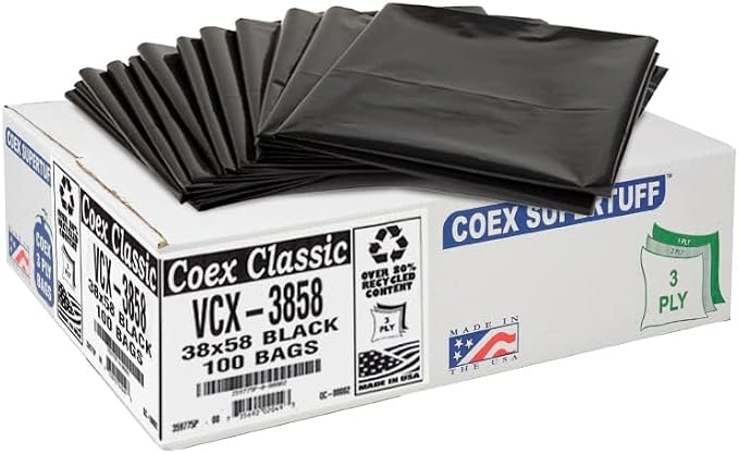 Aluf Plastics - Value COEX 3 Ply Garbage Bags, 55-60 Gallon, 1.25 Mil (eq), 38"x58", Black, 400 Count