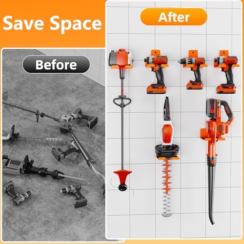 Wall-Mounted Weed Wacker Hanger, Garage Tool Organizer, 1 Pack Orange | Heavy-Duty Metal Hanger Rack for Drywall Brick Wood, Holds String Trimmers Edgers Pole Saws and Long Handle Garden Tools