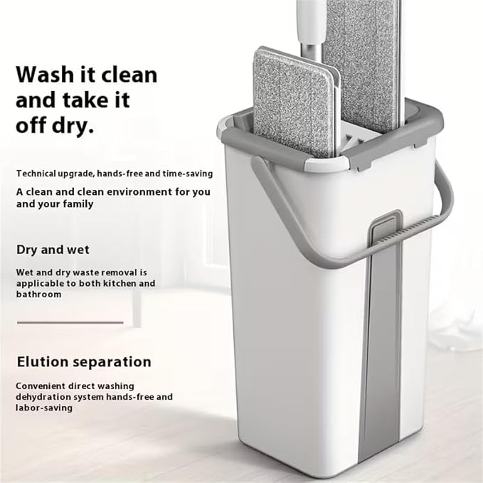 Mop and Bucket Set with AUTO Pump, 3-Zone Separate Dirty and Clean Water, Flat Mop and Bucket System with Wringer and Wheels, 2 Reusable Microfiber Pads, One-Touch Water Filling for Home Cleaning
