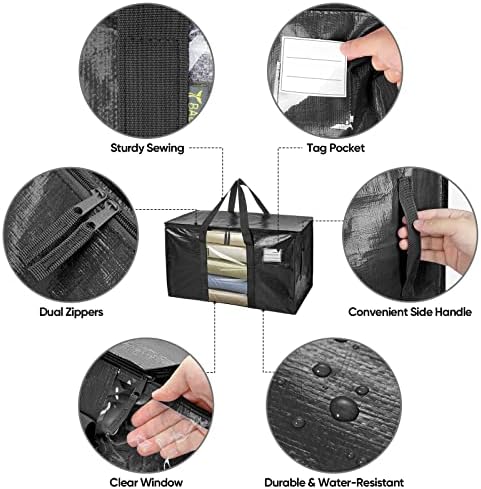 BALEINE 4-Pack Oversized Moving Bags with Reinforced Handles, Heavy-Duty Storage Tote Moving Supplies for Packaging, Camping (Black w/Window, 4-Pack)