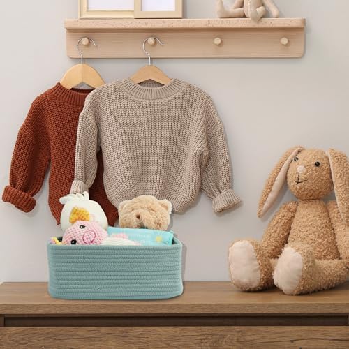 XUANGUO Small Woven Storage Baskets for Shelves, 12" x 8" x 5", Green | Decorative rope storage bins for closets and toy storage; cute organizer baskets, empty gift baskets and nursery storage.