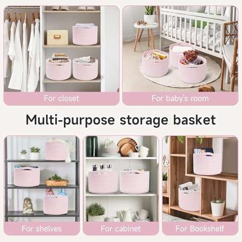 3 Pack Small Rope Storage Baskets, 9.82×9.82×7.1", Pink | Cotton Basket for Gifts Empty, Cute Round Woven Basket, Decorative Shelf Basket Organizer, Organizing Basket for Shelves
